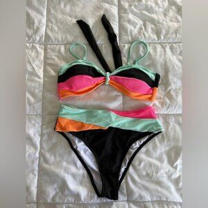 Colorblock Bikini Set in Black, Mint, Pink & Orange